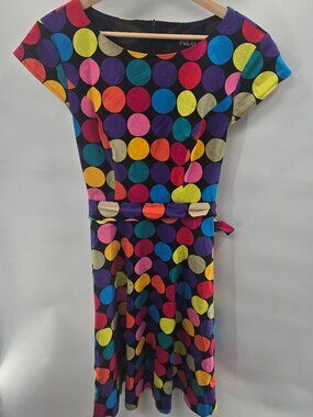 Pukavt Black Multicolored Colorful Polka Dot Rockabilly Midi Dress Size Medium